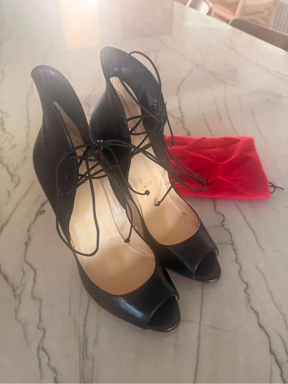 Christian Louboutin Black Lace-Up Peep-Toe Kid Megavamp 100 Pumps